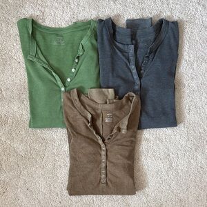 Aerie Women's Ribbed Henley Long Sleevs - Green, Gray, and Brown